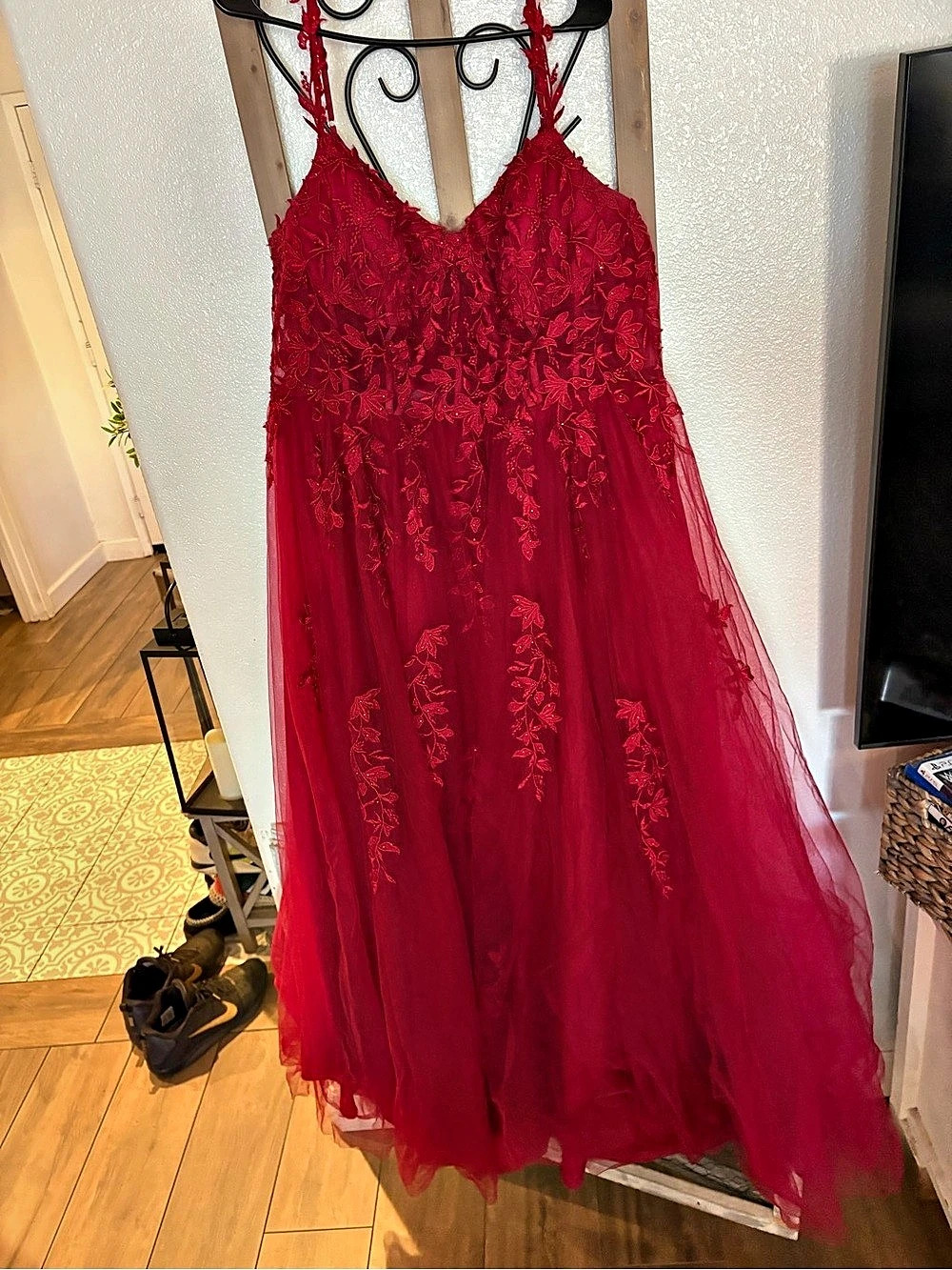 Red Floral Lace Maxi Dress Like New